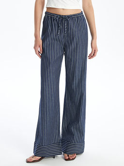 Beli Lastikli ?izgili Straight Fit Kad?n Jean Pantolon