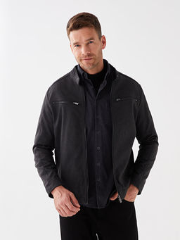 Slim Fit Biker Yaka Erkek Deri G?r?n?ml? Mont