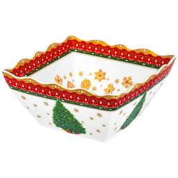 Салатник 1 л 16*16*8 см "Новогодняя елка" красный узор, квадрат глубокий, фарфор NEW BONE CHINA