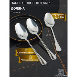 Набор ложек столовых из нержавеющей стали Доляна, длина 21 см, толщина 2,2 мм, 410 сталь, 3 шт