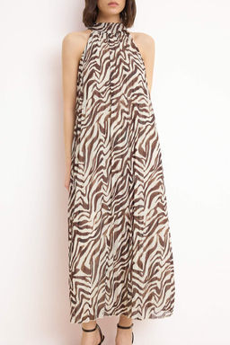 Cok Renkli Animal A-Kesim/Can Form Dik Yaka Kolsuz Maxi Tul Orme Elbise TWOSS26EL00207