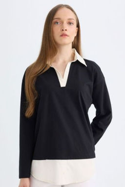 Regular Fit Gomlek Yaka Etek Ucu Detayl? Uzun Kollu Siyah Sweathirt Tunik