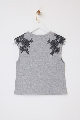 Gri melanj Fitted/Vucuda Oturan Kolsuz Aksesuar Detayl? Fitilli Esnek Orme Bluz TWOSS26BZ00105