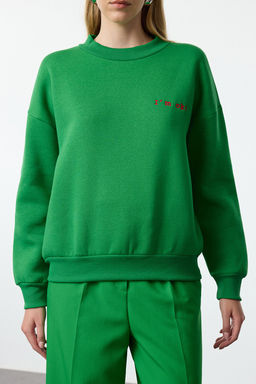 Yesil Kal?n Ici Polarl? Regular/Normal Kal?p Slogan Nak?sl? Orme Sweatshirt TWOAW21SW1061 - Trendyolmilla фото 4