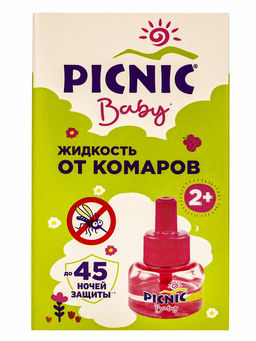 Цена за 2 шт. Дополнительный флакон-жидкость от комаров Picnic Baby, с экстрактом ромашки, 45 ночей, 30 мл