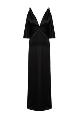 Siyah Tas Ask? Detayl? V Yaka Uzun Gece Abiye Elbise TPRSS23AE00220 - Trendyolmilla фото 8