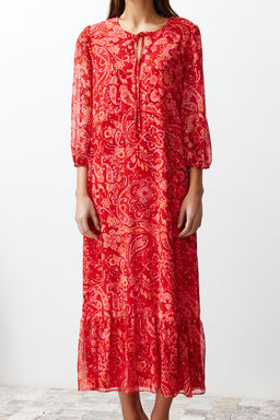 Pembe Sal Desenli Duz Kesim Maxi Astarl? Sifon Dokuma Elbise TWOSS24EL00639 - Trendyolmilla фото 6