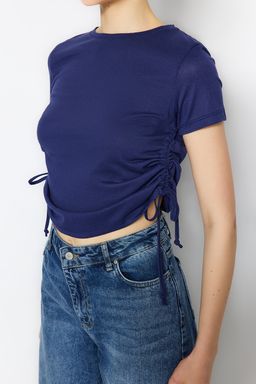 Lacivert %100 Pamuk Bisiklet Yaka Buzgulu Basic Orme T-Shirt TWOSS21TS0131