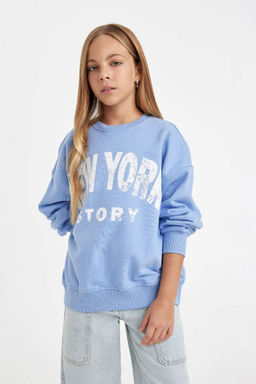 Синий свитшот оверсайз с широким кроем и круглым вырезом для девочек с принтом и надписью - Defacto фото 3