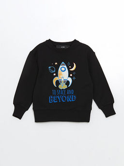 Bisiklet Yaka Bask?l? Erkek Bebek Sweatshirt