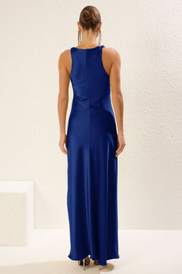 Saks Vucuda Oturan Saten Dokuma Maxi Abiye Gece Mezuniyet Elbisesi TPRSS25AE00066