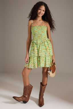 Ac?k Yesil Cicekli Etegi Belden Ac?lan Gipeli Astarl? Sifon Mini Elbise Ucus Ucus TWOSS25EL00724