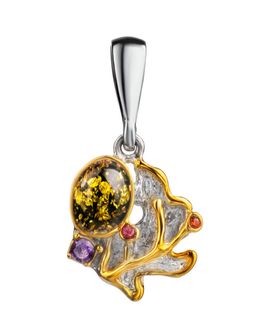 Красивая подвеска из серебра и натурального янтаря зелёного цвета Беатриче