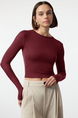 Bordo Premium Viskon Bisiklet Yaka Crop Esnek Orme Bluz TWOAW24BZ00116