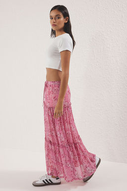 Pembe Tul Cicek bask?l? Buzgu/Drape Detayl? Esnek Etek TWOSS25ET00064