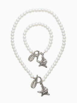 Набор 2 пред-та: бусы.браслет "Жемчуг", ракушка, цвет белый в серебре L=18/42см №8