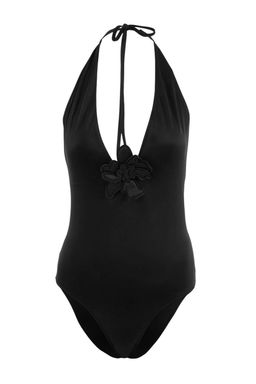 Siyah Derin V Yaka Kapl? Cicek Aplikeli Regular Mayo TBESS26MA00022