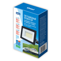 ULF-F70 30W/6500K IP65 12/24/36V BLACK Прожектор светодиодный. Дневной свет (6500K). Корпус черный. TM Uniel