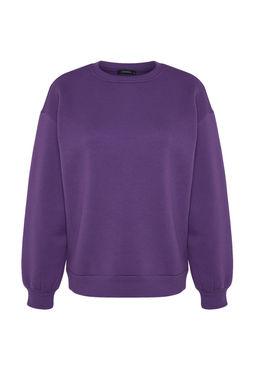 Mor Oversize/Rahat Kesim Basic Bisiklet Yaka Kal?n/Ici polarl? Orme Sweatshirt TWOAW24SW00102