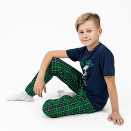 Пижама детская синяя/зеленая клетка дракон 827п/1 (122, 64)