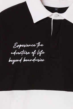TRENDYOL MAN Siyah Oversize/Genis Kesim Renk Bloklu Brooklyn Bask?l? Polo Yaka T-shirt TMNSS25PO00029 - Trendyolmilla фото 5