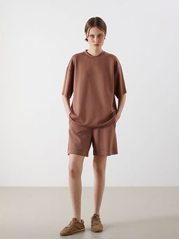 Bisiklet Yaka Bask?l? Oversize Kad?n Ti??rt