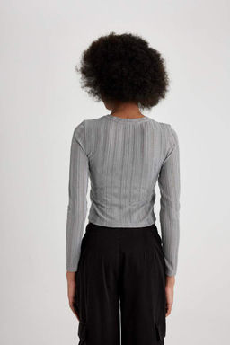 Приталенная футболка с длинным рукавом и круглым вырезом - Defacto фото 9