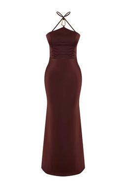 Kahverengi Aksesuar Detayl? Dokuma Saten Maxi Abiye & Mezuniyet Elbisesi TPRSS26AE00013  - Trendyolmilla фото 6