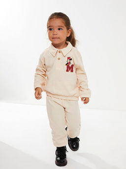 Polo Yaka Uzun Kollu Minnie Mouse Bask?l? K?z Bebek Ti??rt ve Pantolon 2li Tak?m