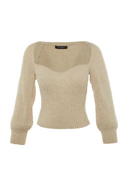 Kahverengi Crop Kalp Yaka Triko Kazak TWOAW22KZ1760 - Trendyolmilla фото 13