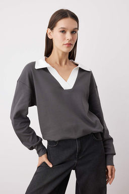 Ekru Renk Bloklu Polo Yaka Relaxed/Rahat Kal?p Orme Sweatshirt TWOAW26SW00043 - Trendyolmilla фото 8