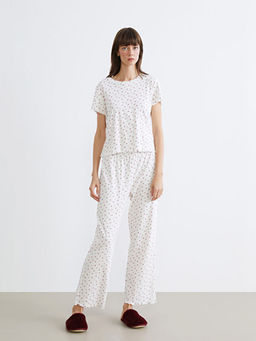 Bisiklet Yaka ?i?ekli Kad?n Pijama Tak?m?