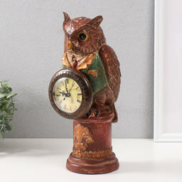 Фигурка-часы настольные полистоун «Филин в зелёном пиджаке на колонне», 15×12.5×32 см