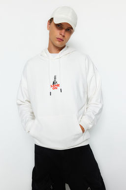 TRENDYOL MAN Ekru Oversize/Genis Kesim Kapusonlu Uzun Kol Basketbol Bask?l? Sweatshirt TMNAW24SW00005 - Trendyolmilla фото 2