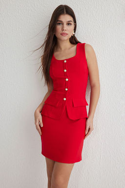 TRENDYOLMILLA K?rm?z? A Kesim Dugme Detayl? Mini Dokuma Elbise TWOSS25EL00028  фото 7