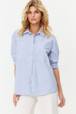 Lacivert Cizgili Oversize Genis Kal?p Dokuma Gomlek TWOAW23GO00359