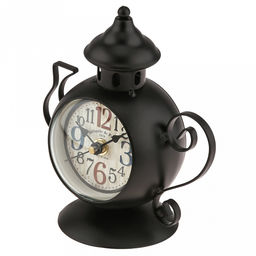 Часы настольные интерьерные "Чайник" 13,5х8х16см, мягкий ход, циферблат с рисунком, бежевый; цифры арабские, черный; выпуклое стекло; элементы металл, корпус пластик, черный матовый; в коробке (Китай)