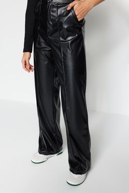 TRENDYOLMILLA Siyah Suni Deri Wide Leg/Genis Paca Nervurlu Yuksek Bel Pantolon TWOSS23PL00131  фото 4
