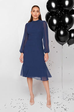 Indigo A Kesim Dik Yakal? Midi Astarl? Sifon Dokuma K?sl?k Elbise TWOAW20EL1313