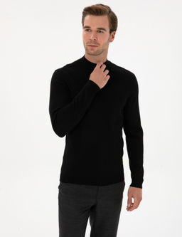 Siyah Slim Y_n Kar___ml_ Fit Yar_m Bal_k__ Basic Triko Kazak