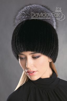 Шапка Лыжница норка блэк помпон блюф