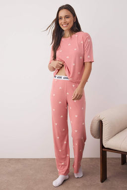 Pembe Kalpli Slogan Lastik Detayl? Fitilli Orme Pijama Tak?m? THMSS24PT00404