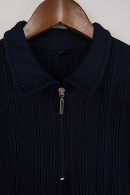 Lacivert Regular Fermuarl? Dokulu Orme Polo Yaka T-shirt TMNSS26PO00019