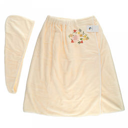 Парео махровое "Свежий букет" 70х175см, хлопок 100%, на резинке с липучкой, на кнопке, с вышивкой; с чалмой на пуговице 68х25см, ванильный (Китай)