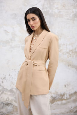 TRENDYOLMILLA Bej Keten Gorunumlu Ceket Yaka Belden Kusakl? Blazer Ceket TWOSS25BC00037