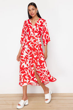 K?rm?z? Sal Desen A Kesim Kruvaze Yaka Midi Dokuma Elbise DWOSS24EL00913