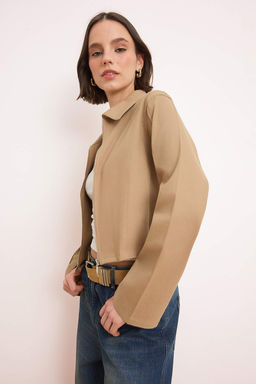 Bej Fermuarl_ V_cuda Oturan/Fitted Gabardin Mevsimlik _nce Ceket TWOSS26CE00033 - Trendyolmilla фото 2