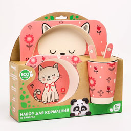 Набор детской бамбуковой посуды Кошечка, тарелка, миска, стакан, приборы, 5 предметов - Крошка я фото 2