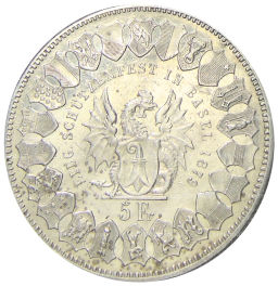 5 франков 1879 года Швейцария Стрелковый фестиваль в Базеле