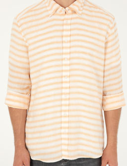 Turuncu Keten Kar___ml_ Slim Fit Uzun Kollu G_mlek